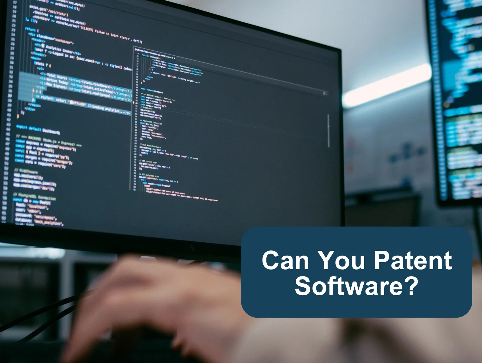 A software developer writing code with an overlay banner asking "Can you patent software?"