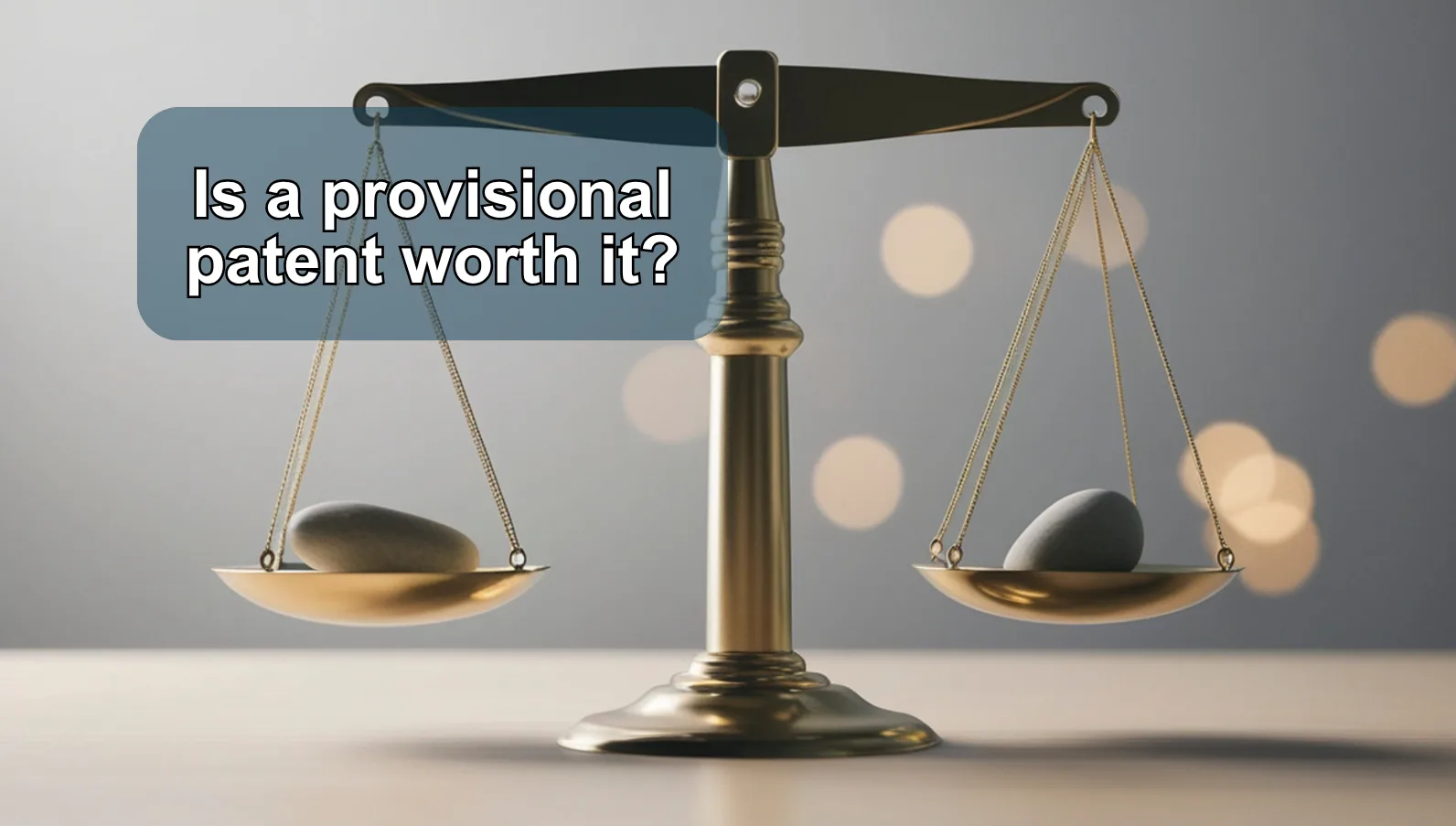 Balancing scales with rocks on the scales. A banner asking "Is a provisional patent worth it?"