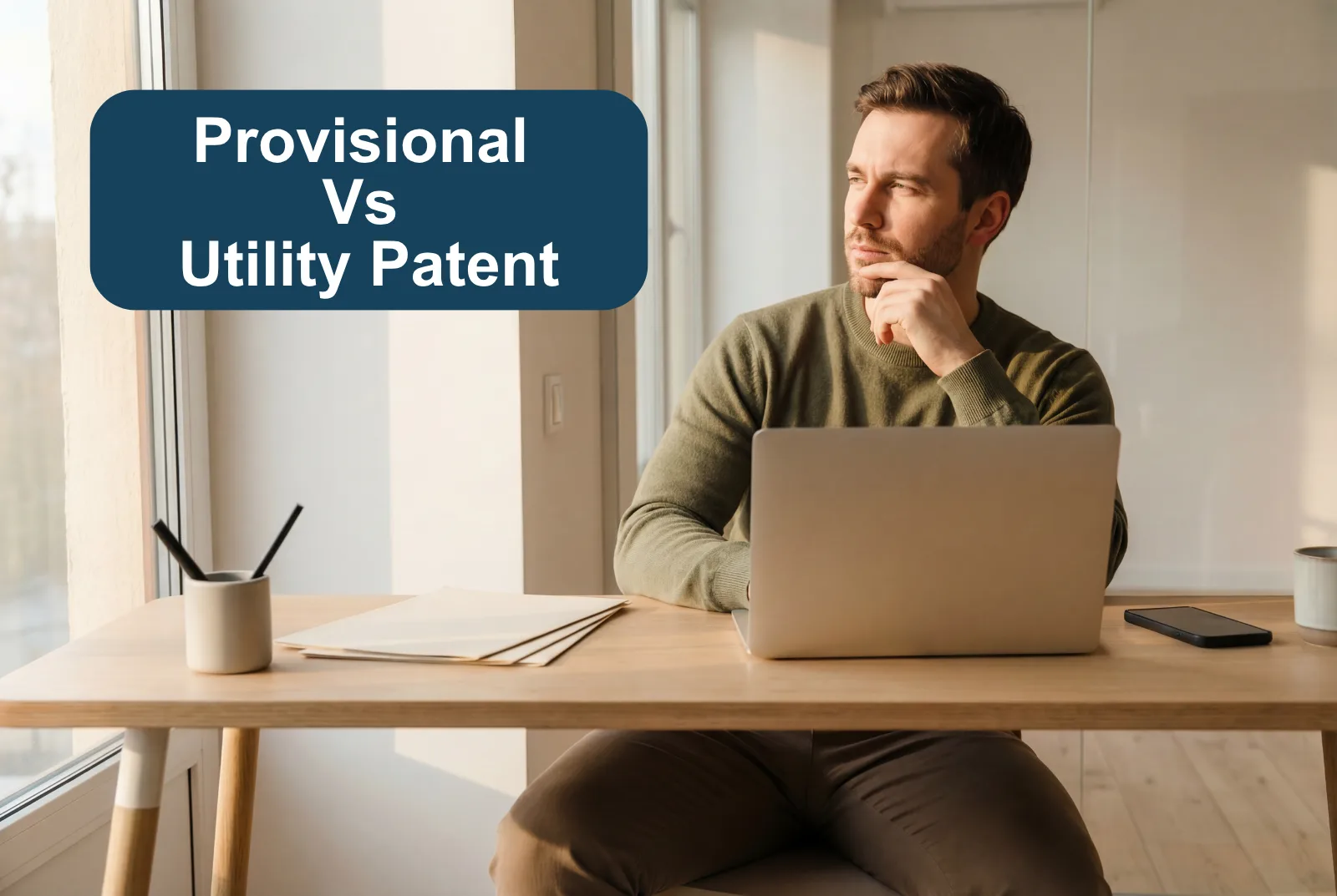 Man sitting at a desk, thinking. A banner that says "Provisional Vs Utility Patent".
