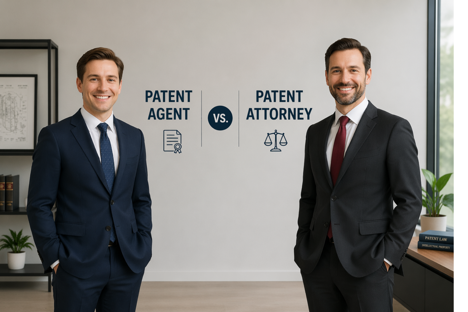 **Alt text:** Two professionals in business attire standing apart and facing the camera, with visual labels indicating “Patent Agent” on one side and “Patent Attorney” on the other, illustrating the distinction between the two roles in a clean office setting.